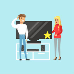 Young blond woman choosing TV with shop assistant help in appliance store colorful vector Illustration