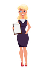 Young cartoon businesswoman holding clipboard. Beautiful girl. Vector illustration. EPS10