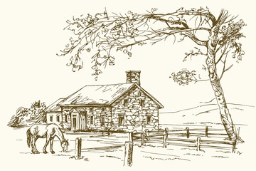 Vintage view of New England farm with horse, hand drawn vector illustration. © canicula