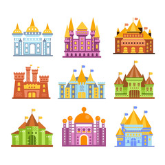 Fairy tale castles and fortresses. Collection of colorful medieval buildings vector Illustrations