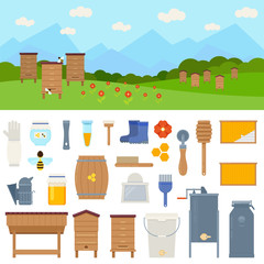 Apiary vector flat illustrations with beekeeping elements