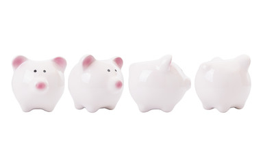 pink piggy bank isolated on white background. front, back, side view.