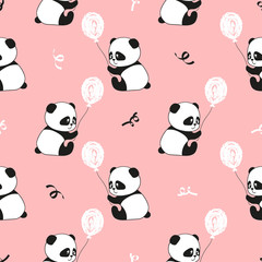 Cute panda bears and balloons seamless pattern. Vector kids background