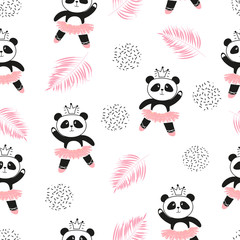 Cute panda ballerinas seamless pattern. Vector background for kids design. 