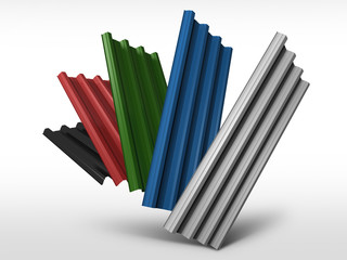 Corrugated sheet metal profiles in various colors, 3d illustration