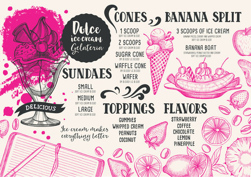 Ice cream menu template for restaurant and cafe.