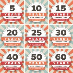 Naklejka premium Vector set of anniversary signs, symbols. 5, 10, 15, 20, 25, 30, 40, 50, 60 years jubilee design elements collection.