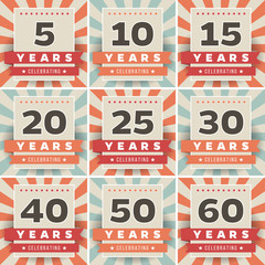 Vector set of anniversary signs, symbols. 5, 10, 15, 20, 25, 30, 40, 50, 60 years jubilee design elements collection.