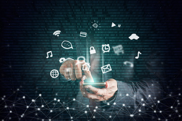 Double exposure of business man with digital technology graphic. Mixed Media Business and technology background.
