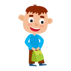 Color vector illustration of pretty boy stand with green bag. Ha