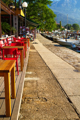 Morning marina. Sea pier and promenade, seafront in Budva, Montenegro.