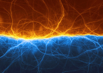 Abstract blue ice and orange fire lightning, electric background