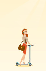 Woman riding kick scooter vector illustration.