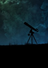 Telescope silhouette and night dark sky with stars - Telescope space exploration - Night view on sky - Black telescope silhouette