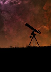 Telescope silhouette and night bright sky with stars - Telescope space exploration - Night view on sky - Black telescope silhouette