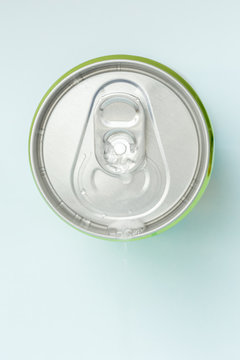 Drops of water soda on the closed aluminum beverage green can.