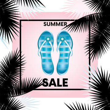 Ready-made design "Sale" with palm branches and flip flops. Vector illustration for shops. Business and shopping. Summer.