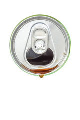 Top view of cola beverage over from the green aluminum beverage can on white background.