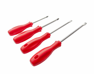 Four red shiny metal and plastic tool screwdriver for repair