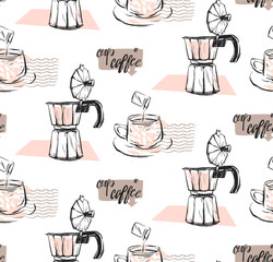 Hand made vector abstract textured seamless pattern of coffee concept with mug,milk,geyser coffee and handwritten modern calligraphy phase cup of coffee in pastel colors isolated on white.Coffee shop.
