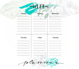 Hand made vector abstract simple textured Weekly planner template with graphic tropical palm leaves isolated on white background.Design for journaling,planning,school,business,work,organization