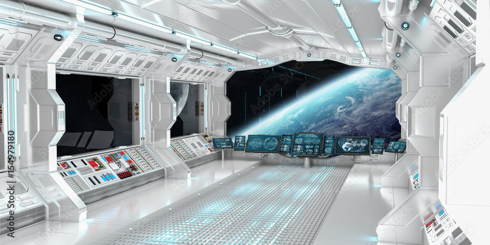 Poster Spaceship interior with view on the planet Earth 3D rendering elements of this image furnished by NASA