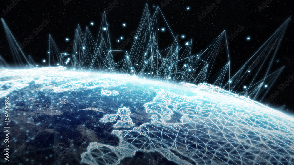 Aufkleber Global network and datas exchanges over the planet Earth 3D rendering