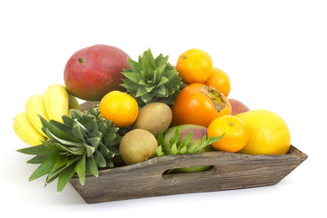 fresh fruit on a wooden tray