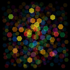 Vector black background with hexagons, blurry light effect