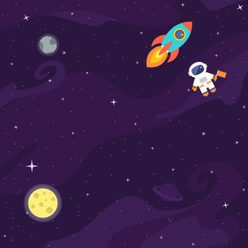 Space flat vector background with astronaut, rocket, spaceship, moon, planets and stars. Space for your text.