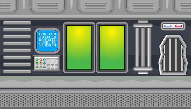 Seamless spaceship interior with two green windows for game design
