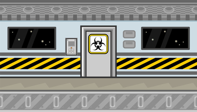 Seamless spaceship interior with door and warning line for game design