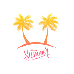 Hello Summer hand drawn lettering and palm trees silhouette. Vector illustration.