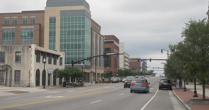 WILMINGTON, NC - Circa May, 2017 - An overcast establishing shot of downtown Wilmington, North Carolina.  	