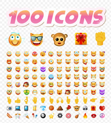 Set of 100 Cute Icons on White Transparent  Isolated Vector Illustration