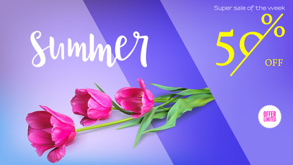 Sale, summer sale, get your discount. Horizontal ad with a bouquet of tulips on colored background. Template for shopping, advertising, percentage of discounts, flyers, invitation, posters, brochure.
