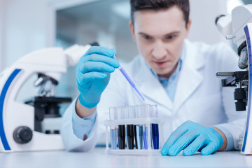 Fototapeta premium Very attentive practitioner examining chemical agents
