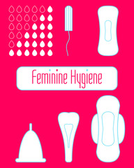Fototapeta premium Vector pattern, set of menstruation and daily sanitary pads, tampon and menstrual cup. Hygiene protection for woman critical days. Gynecological menstruation cycle.