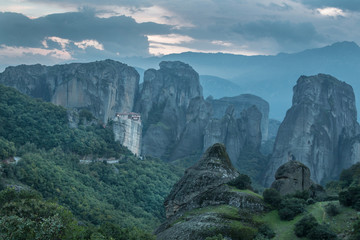 Fototapeta na wymiar Beautiful view on Holy Monastery of Rousanou at the complex of Meteora monasteries in Greece in night