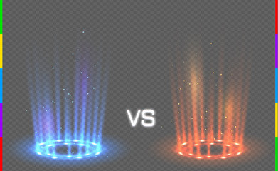 Versus round blue and red glow rays night scene with sparks on transparent background. Light effect podium. Disco club dance floor. Beam stage. Magic fantasy portal. Futuristic hot and cold teleport