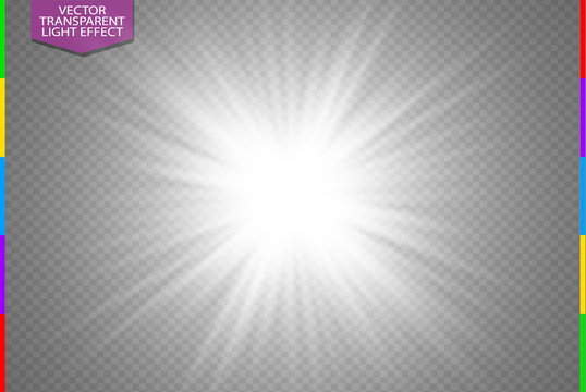White glowing light burst explosion on transparent background. Vector illustration light effect decoration with ray. Bright star. Translucent shine sun, bright flare. Center vibrant flash