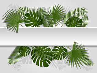 Green summer tropical header with exotic palm leaves and plant. Vector floral design on white line background