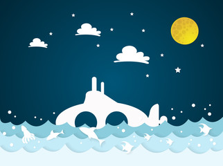 Submarine underwater and sky. Vector illustration of ocean boat with fishes on sea