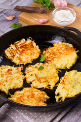 Potato Pancakes. Vegetable fritters. Latkes in frying pan