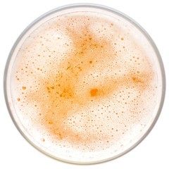 beer foam close up, the top view, in a beer glass on a white background, clipping, path