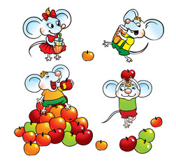 Set of cartoon mouse, healthy eating. Mouse eating apples and drinking fresh juice.