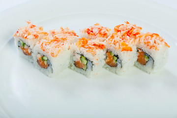 Japanese seafood sushi , roll on a white background
