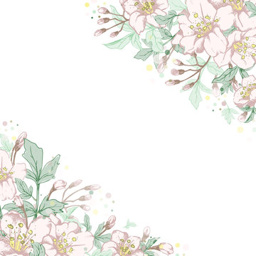 Vector square botanical banner with hand-drawn flowers in pastel light colors on white background