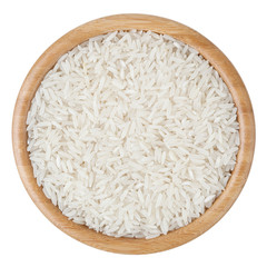 White long-grain jasmine rice in wooden bowl isolated on white background with clipping path