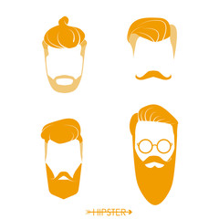 Set of hipster man haircuts, beards, mustaches. Simple design for logo, silhouette. Vector illustration.